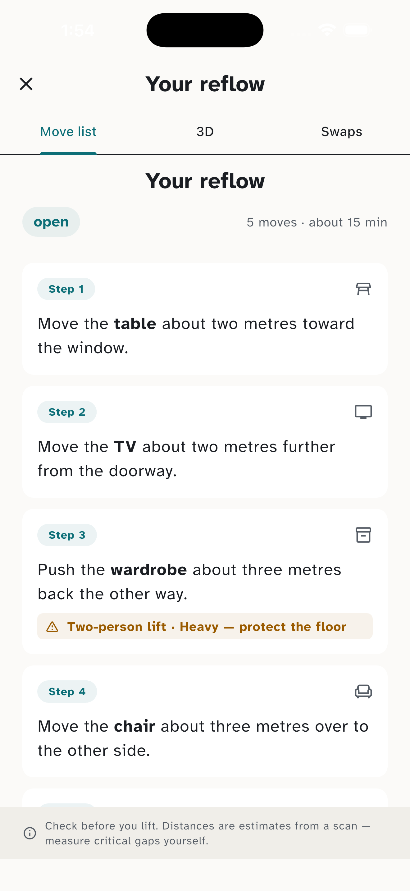 Reflow move list: step-by-step instructions to reposition your furniture